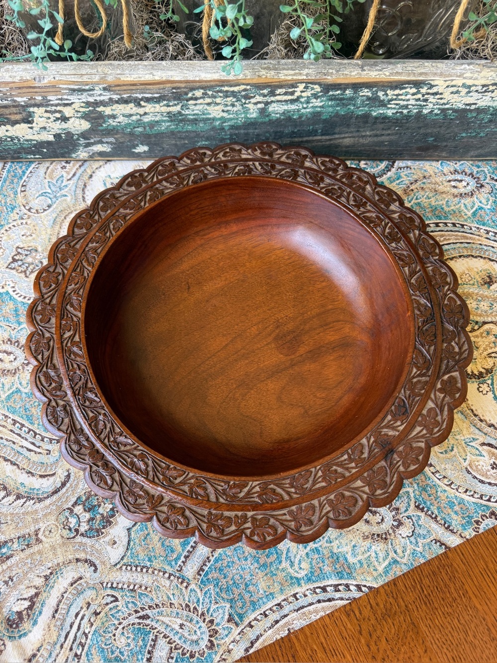 Carved Wooden Fruit Bowl Hand Carved Floral Rim Centerpiece 12” Vintage